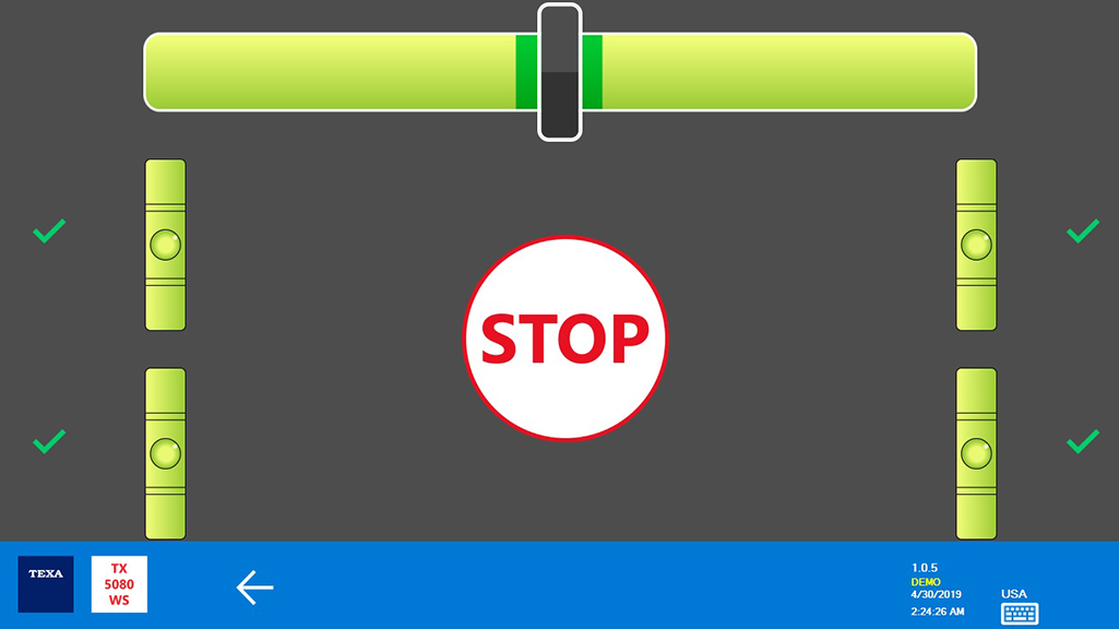 The 4 CCD detectors must be parallel to the work surface and the steering must be centralised. When these conditions are achieved, the display reads out “STOP”.